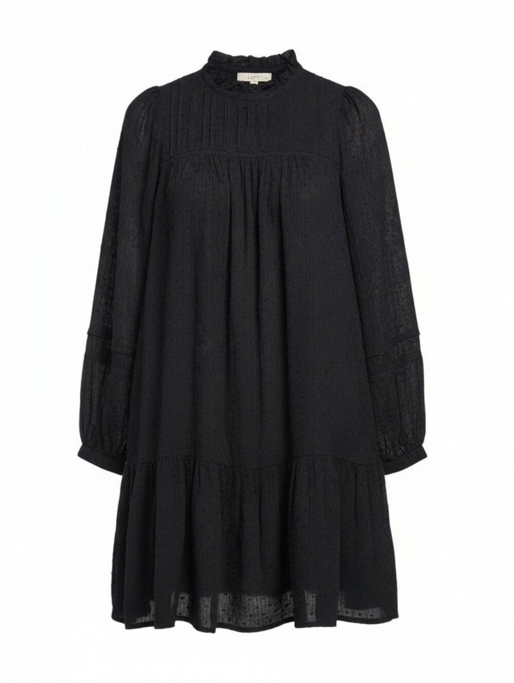 LOFT Black Long-Sleeve Ruffle Neck Smock Dress, Size Small Petite